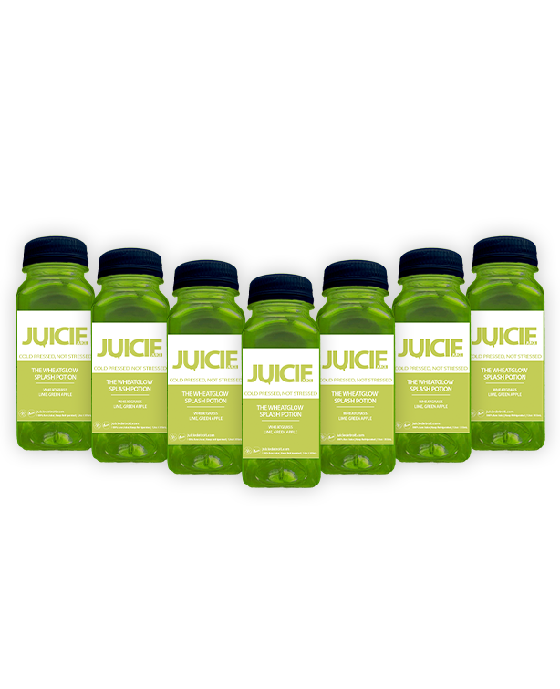 2 oz bottles of cold pressed green juice blend containing wheatgrass, grape, lime, and green apple. JUICIE Detroit