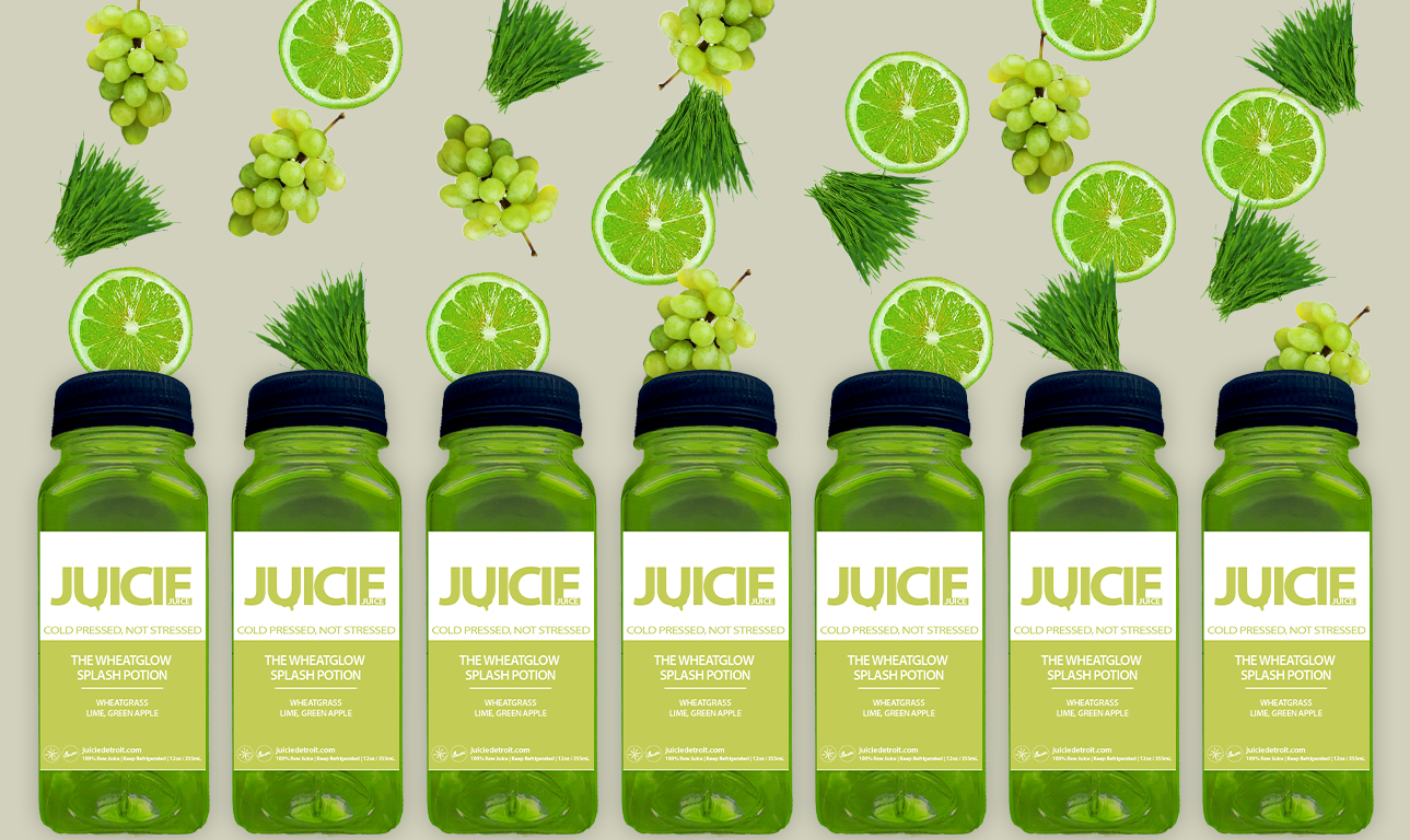 2 oz bottles of cold pressed green juice blend containing wheatgrass, grape, lime, and green apple. JUICIE Detroit