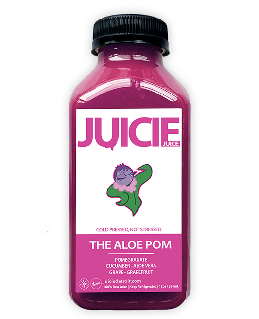 12oz bottle of cold pressed fruit juice blend containing pomegranate, cucumber, aloe vera, grape, and grapefruit. JUICIE Detroit