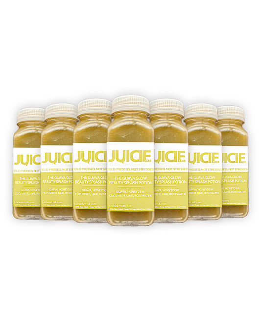 2oz bottles of cold pressed beauty tonic juice blend shots containing guava, honeydew, cucumber, rosewater, and lime. JUICIE Detroit