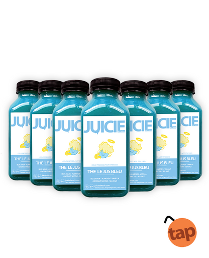 12oz bottles of cold pressed protein almond milk blend containing vanilla, coconut nectar, sea salt, and blue majik. JUICIE Detroit