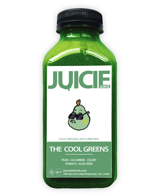 12oz bottle of cold pressed green juice blend containing pear, cucumber, celery, spinach, and aloe vera gel. JUICIE Detroit