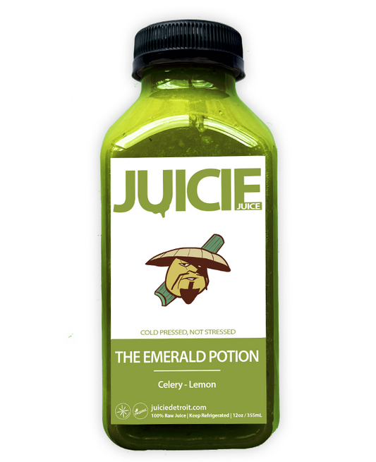 12oz bottle of cold pressed celery juice blend containing celery and lemon. JUICIE Detroit