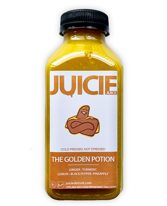 12oz bottle of cold pressed immunity juice blend containing ginger, turmeric, lemon, black pepper, and pineapple. JUICIE Detroit