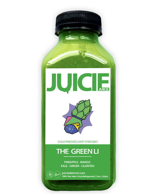 12oz bottle of cold pressed green juice blend containing pineapple, mango, kale, ginger, cilantro. JUICIE Detroit