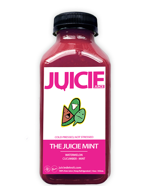 12oz bottle of cold pressed fruit juice blend containing watermelon, cucumber, and mint. JUICIE Detroit