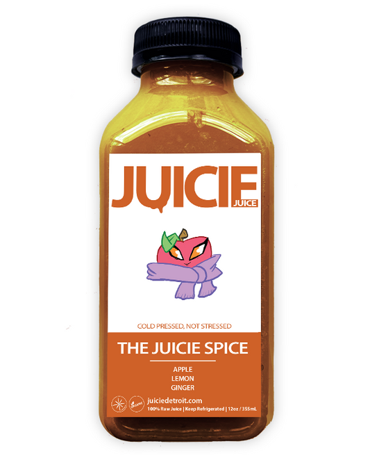 12oz bottle of cold pressed apple juice blend containing apple, ginger, and lemon. JUICIE Detroit