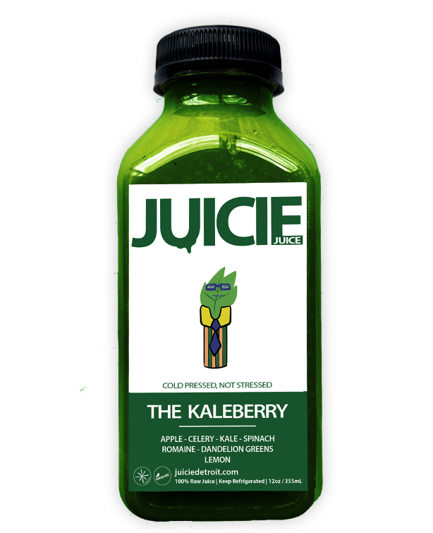 12oz bottle of cold pressed green juice blend containing apple, celery, kale, spinach, romaine, dandelion greens, and lemon. JUICIE Detroit