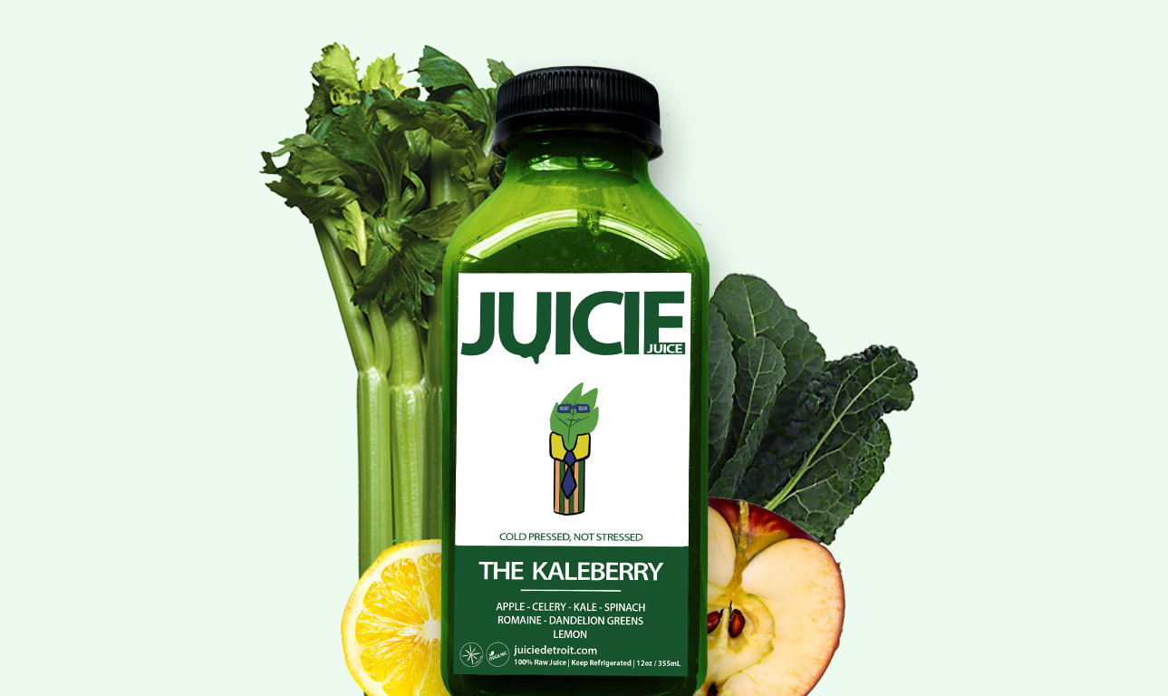 12oz bottle of cold pressed green juice blend containing apple, celery, kale, spinach, romaine, dandelion greens, and lemon. JUICIE Detroit