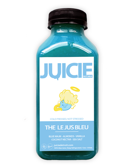 12oz bottle of cold pressed protein almond milk blend containing vanilla, coconut nectar, sea salt, and blue majik. JUICIE Detroit