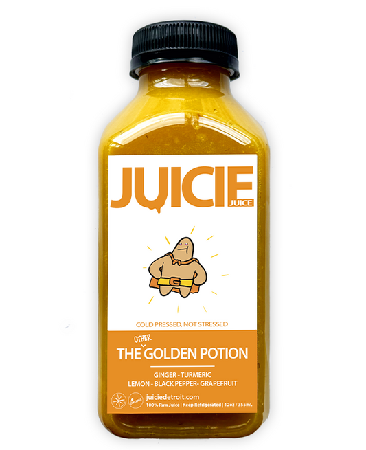 12oz bottle of cold pressed immunity juice blend containing ginger, turmeric, lemon, black pepper, and grapefruit. JUICIE Detroit