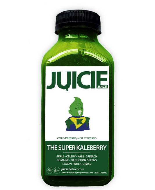 12oz bottle of cold pressed green juice blend containing apple, celery, kale, spinach, romaine, dandelion greens, lemon, and wheatgrass. JUICIE Detroit