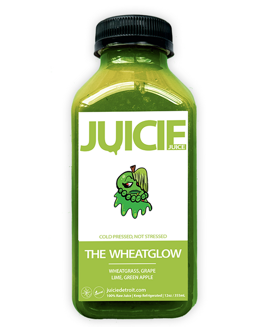 12oz bottle of cold pressed green juice blend containing wheatgrass, grape, lime, and green apple. JUICIE Detroit